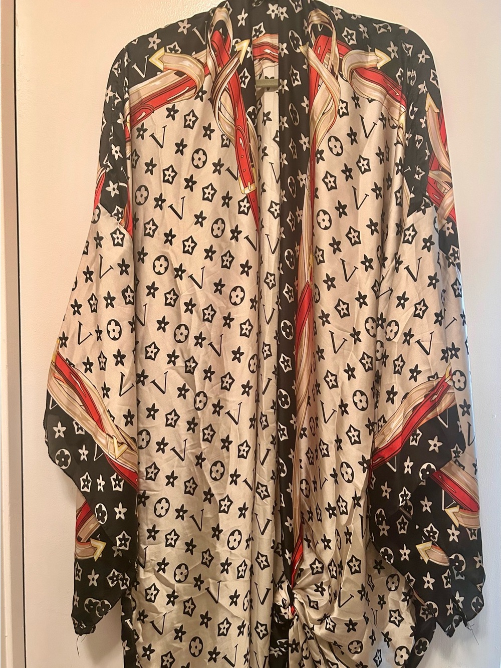 Designer-Style Silk Duster in Black, Cream & Red